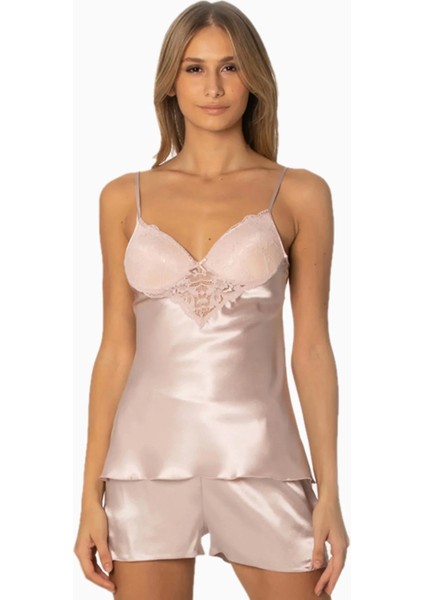 Saten Dantelli Şort Babydoll Takım 425 - Pudra