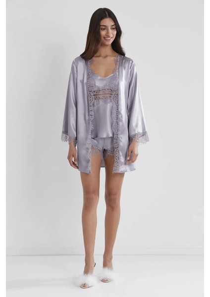 Saten Dantelli 3'lü Şort Kombi Sabahlık Takımı 2490 - Royal fiyatları