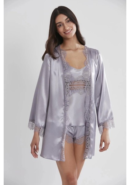 Saten Dantelli 3'lü Şort Kombi Sabahlık Takımı 2490 - Royal modelleri