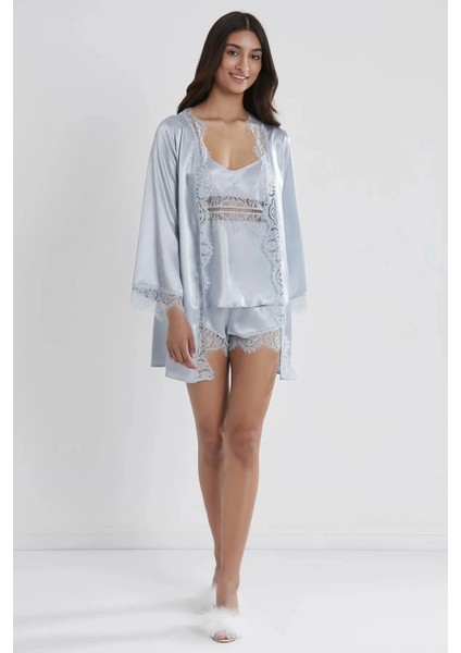 Saten Dantelli 3'lü Şort Kombi Sabahlık Takımı 2490 - Mist fiyatları