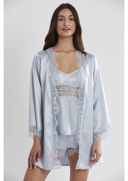 Saten Dantelli 3'lü Şort Kombi Sabahlık Takımı 2490 - Mist modelleri