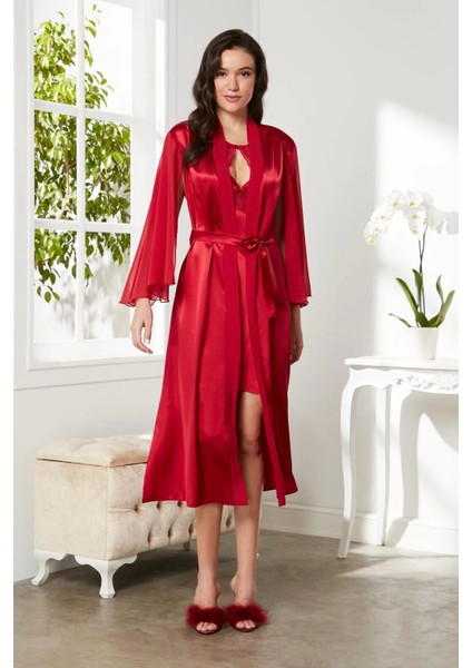 Saten Dantelli Gecelik ve Sabahlık Takımı 4375 - Kırmızı