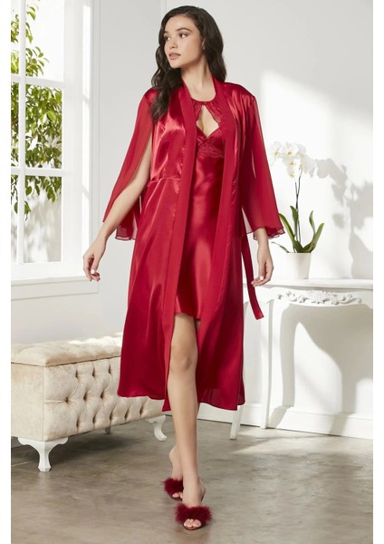 Saten Dantelli Gecelik ve Sabahlık Takımı 4375 - Kırmızı fiyatları