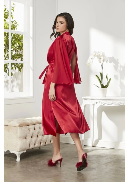 Saten Dantelli Gecelik ve Sabahlık Takımı 4375 - Kırmızı modelleri