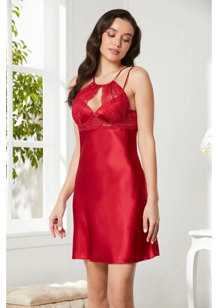 Saten Dantelli Gecelik ve Sabahlık Takımı 4375 - Kırmızı fırsatları