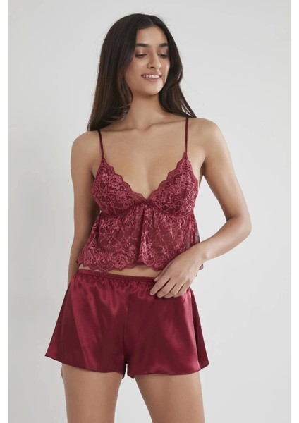 Saten Dantelli Şort Babydoll Takım 450 - Bordo
