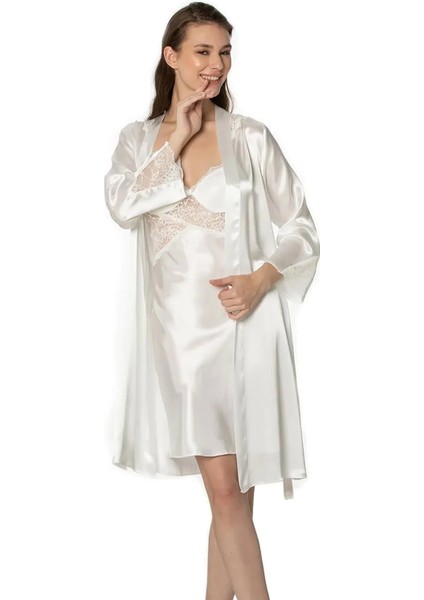 Saten Dantelli Gecelik ve Sabahlık Takımı 4050 - Ekru