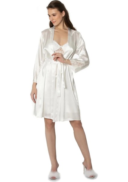 Saten Dantelli Gecelik ve Sabahlık Takımı 4050 - Ekru fiyatları