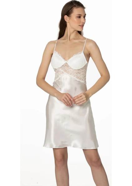 Saten Dantelli Gecelik ve Sabahlık Takımı 4050 - Ekru modelleri