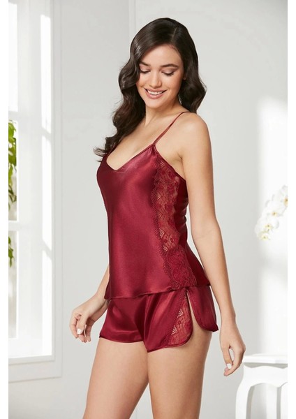 Saten Dantelli Şort Babydoll Takım 438 - Bordo