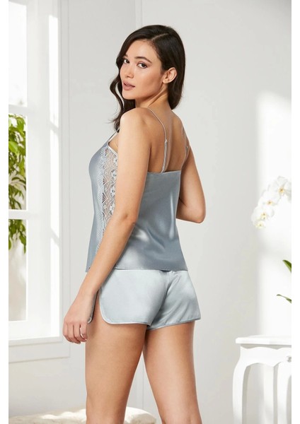 Saten Dantelli Şort Babydoll Takım 438 - Mist