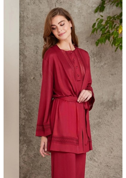 Dantelli Penye 3'lü Kadın Pijama Takımı 2800 - Bordo