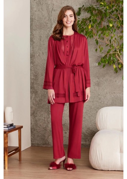 Dantelli Penye 3'lü Kadın Pijama Takımı 2800 - Bordo fiyatları