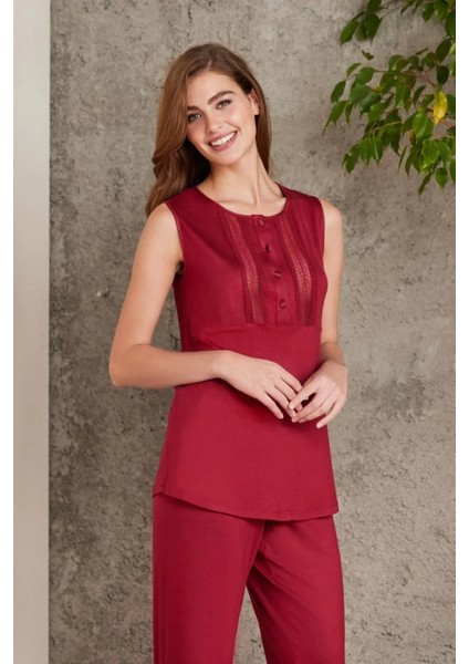 Dantelli Penye 3'lü Kadın Pijama Takımı 2800 - Bordo modelleri