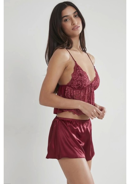 Saten Dantelli Şort Babydoll Takım 450 - Bordo