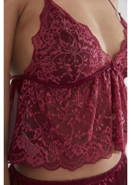 Saten Dantelli Şort Babydoll Takım 450 - Bordo