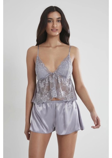 Saten Dantelli Şort Babydoll Takım 450 - Siyah