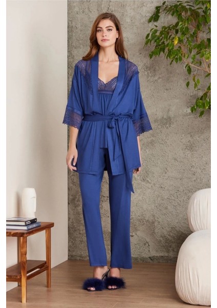 Dantelli Penye 3'lü Kadın Pijama Takımı 2820 - Lacivert fiyatları