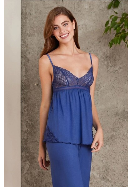 Dantelli Penye 3'lü Kadın Pijama Takımı 2820 - Lacivert modelleri