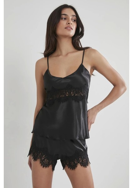 Saten Dantelli Şort Babydoll Takım 435 - Siyah