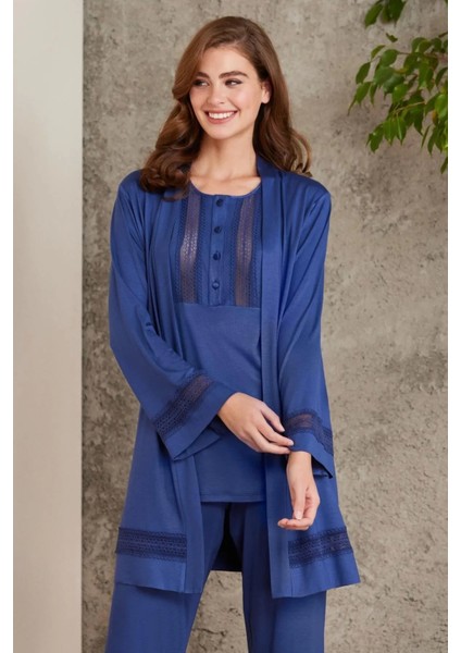 Dantelli Penye 3'lü Kadın Pijama Takımı 2800 - Lacivert