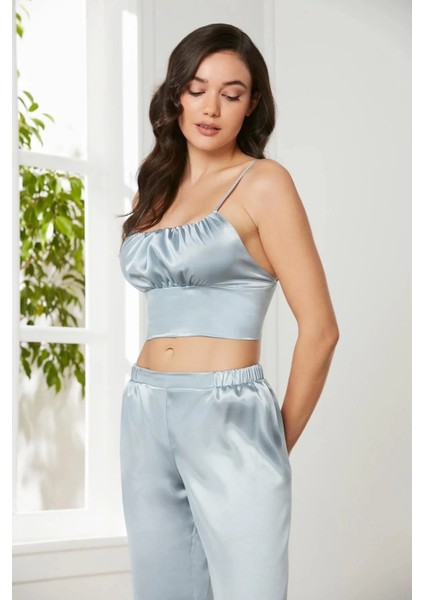 Saten 3'lü Crop'lu Kadın Pijama Takımı 2075 - Mist fırsatları