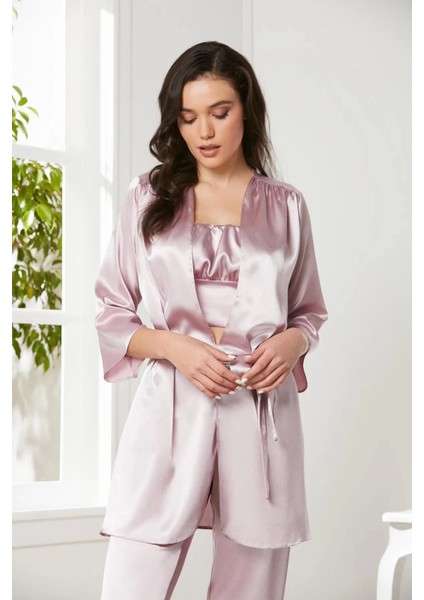 Saten 3'lü Crop'lu Kadın Pijama Takımı 2075 - Rose