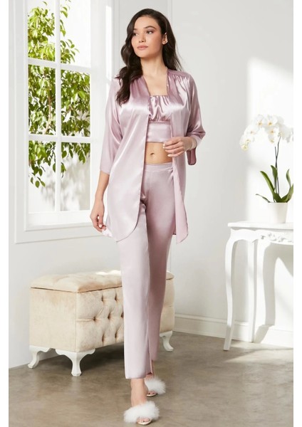 Saten 3'lü Crop'lu Kadın Pijama Takımı 2075 - Rose fiyatları