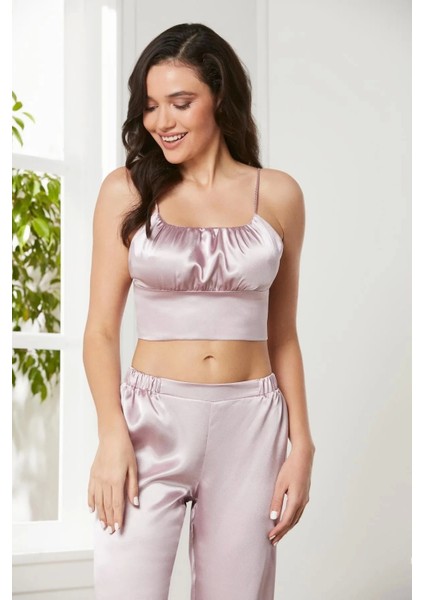 Saten 3'lü Crop'lu Kadın Pijama Takımı 2075 - Rose fırsatları