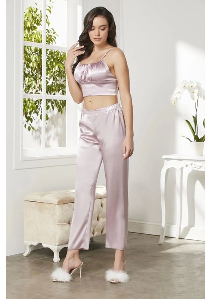 Saten 3'lü Crop'lu Kadın Pijama Takımı 2075 - Rose indirimleri