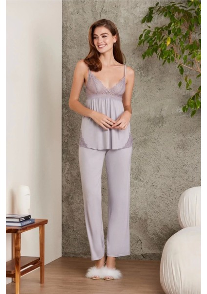 Dantelli Penye 3'lü Kadın Pijama Takımı 2820 - Royal fırsatları