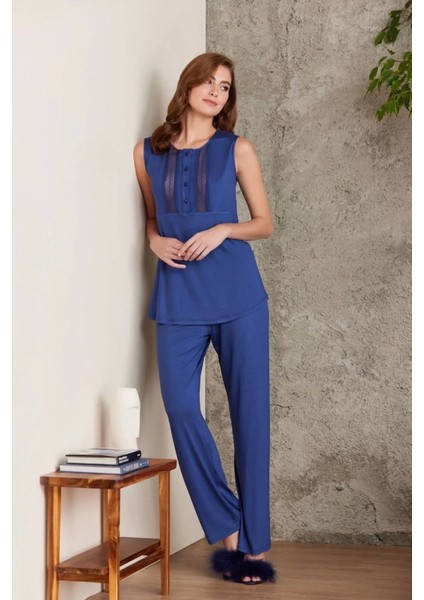 Dantelli Penye 3'lü Kadın Pijama Takımı 2800 - Lacivert modelleri