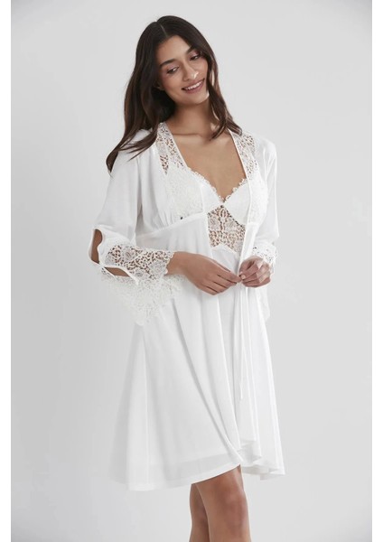 6'lı Penye Gecelik Sabahlık Takım Çeyiz Seti 5625 - Ekru