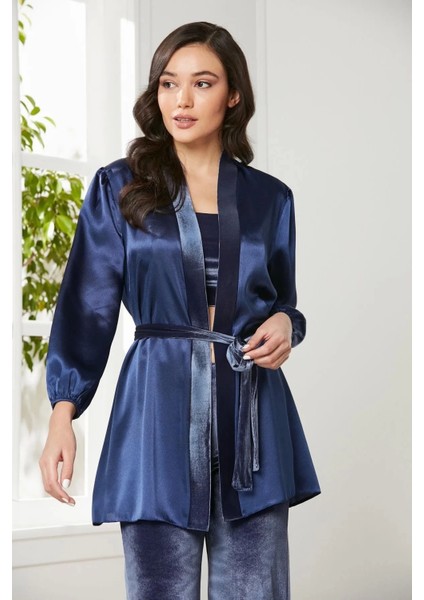 Kadife Saten 3'lü Kadın Crop'lu Pijama Takımı 2050 - Lacivert