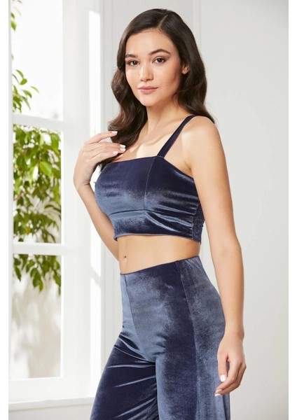 Kadife Saten 3'lü Kadın Crop'lu Pijama Takımı 2050 - Lacivert indirimleri