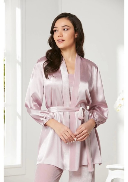 Kadife Saten 3'lü Kadın Crop'lu Pijama Takımı 2050 - Pudra
