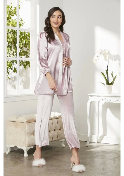 Kadife Saten 3'lü Kadın Crop'lu Pijama Takımı 2050 - Pudra