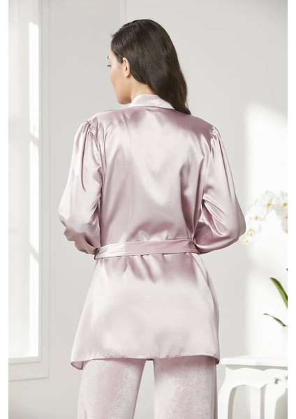 Kadife Saten 3'lü Kadın Crop'lu Pijama Takımı 2050 - Pudra