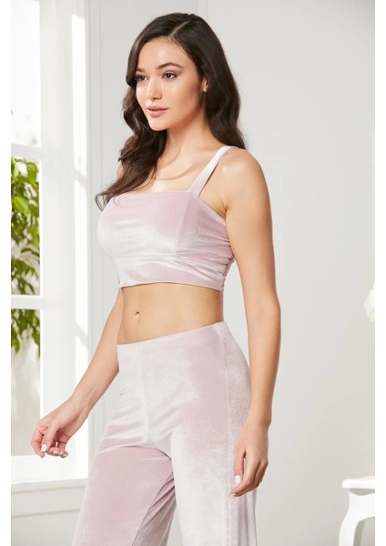 Kadife Saten 3'lü Kadın Crop'lu Pijama Takımı 2050 - Pudra