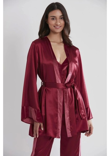Kadife Saten 3'lü Kadın Pijama Takımı 2040 - Bordo