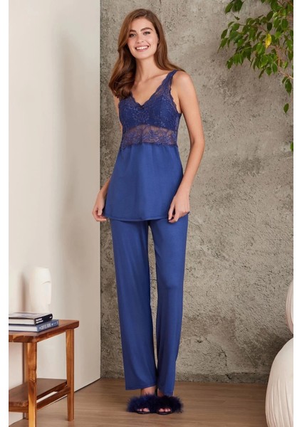 Dantelli Penye 3'lü Kadın Pijama Takımı 2810 - Lacivert