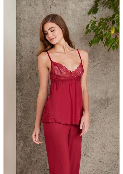 Dantelli Penye 3'lü Kadın Pijama Takımı 2820 - Bordo modelleri