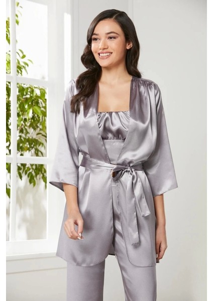 Saten 3'lü Crop'lu Kadın Pijama Takımı 2075 - Royal
