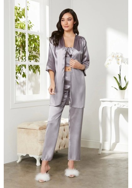 Saten 3'lü Crop'lu Kadın Pijama Takımı 2075 - Royal fiyatları