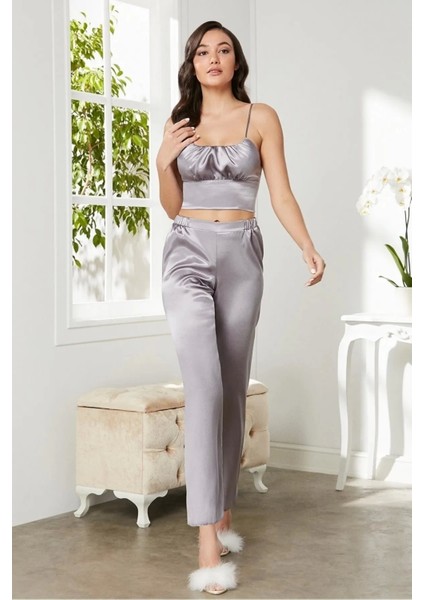Saten 3'lü Crop'lu Kadın Pijama Takımı 2075 - Royal fırsatları