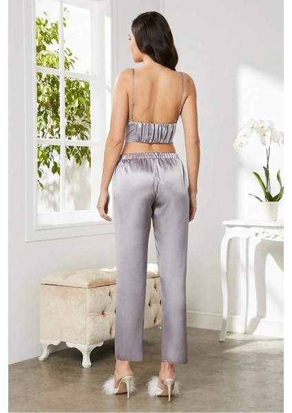 Saten 3'lü Crop'lu Kadın Pijama Takımı 2075 - Royal indirimleri