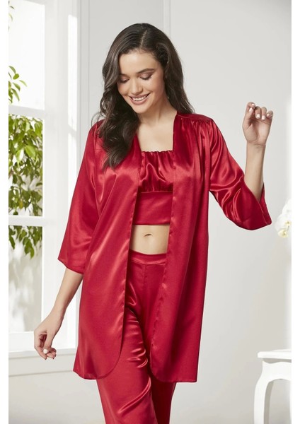 Saten 3'lü Crop'lu Kadın Pijama Takımı 2075 - Kırmızı
