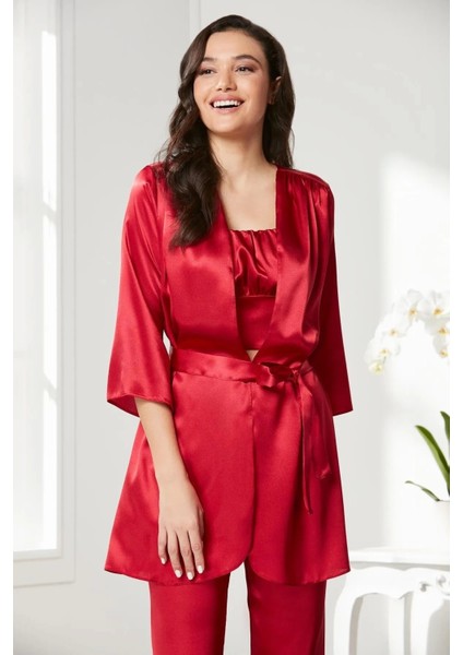 Saten 3'lü Crop'lu Kadın Pijama Takımı 2075 - Kırmızı fiyatları