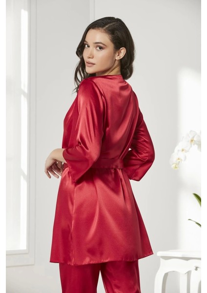 Saten 3'lü Crop'lu Kadın Pijama Takımı 2075 - Kırmızı modelleri