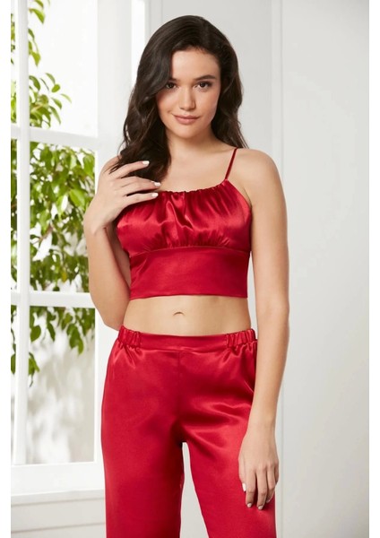 Saten 3'lü Crop'lu Kadın Pijama Takımı 2075 - Kırmızı indirimleri